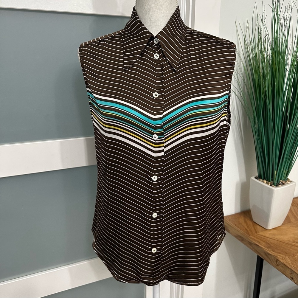 Miu Miu Sleeveless Brown Striped Top SZ Medium Pointed Collar Designer EUC READ